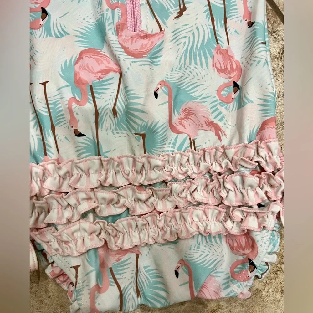 Ruffle Butts Pink Flamingo Print One-Piece Swimsuit - Aqua & Pink